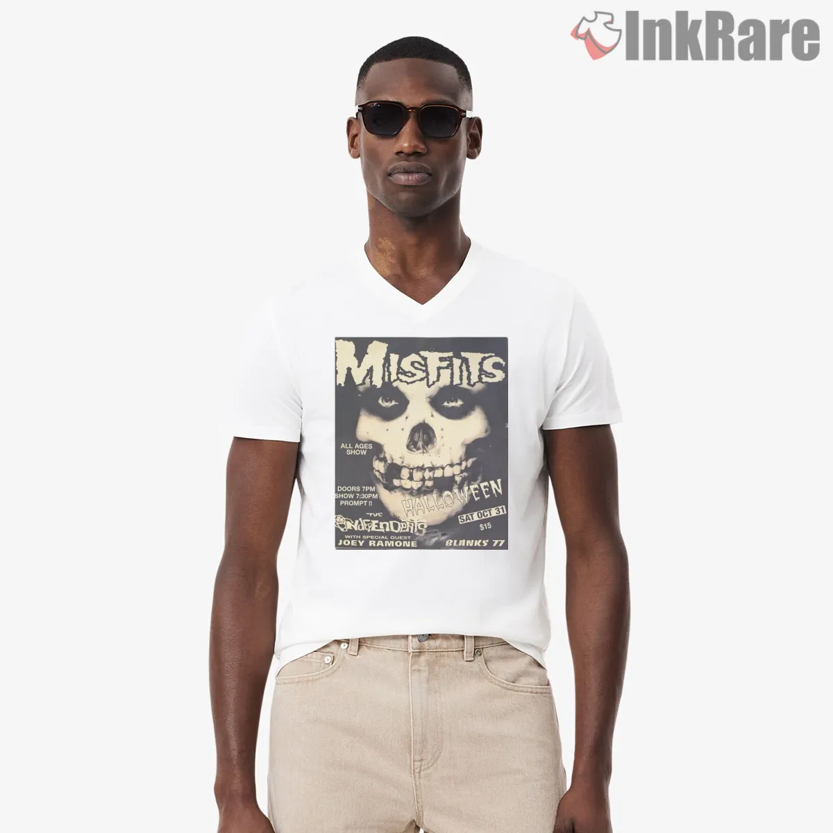 Misfits Halloween Skull Gig Flyer V Neck White Misfits Halloween Skull Gig Flyer Shirt on white v-neck shirt for men graphic tee