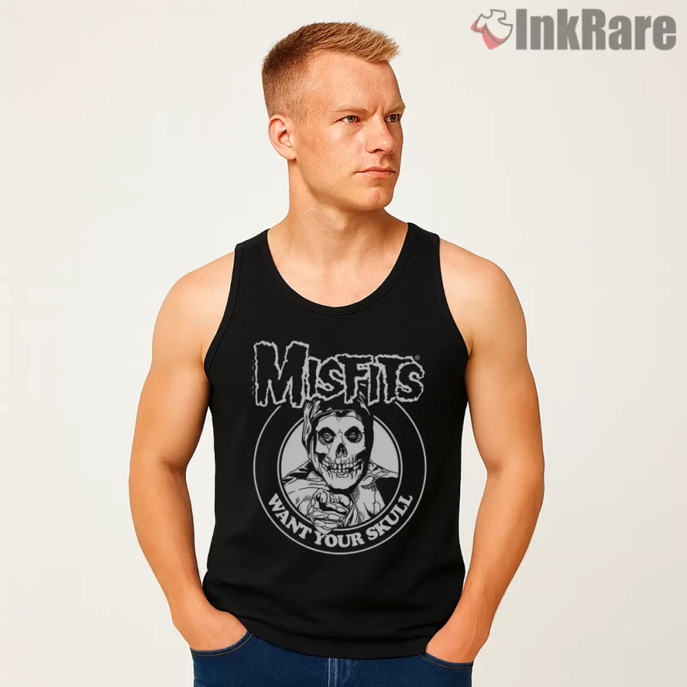Misfits I Want Your Skull Circle Emblem Shirt on black tank top for men graphic tee