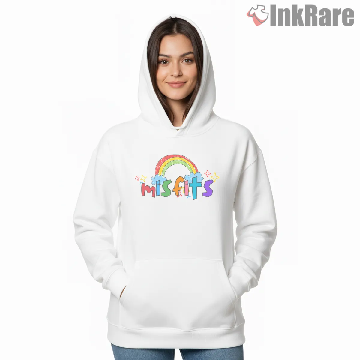 Misfits Kids Rainbow Bubble Letters Hoodie White Misfits Kids Rainbow Bubble Letters Shirt on white hoodie for women graphic tee