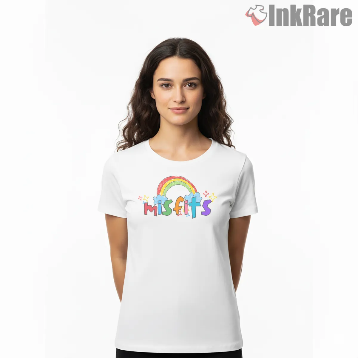 Misfits Kids Rainbow Bubble Letters Short Sleeve White Misfits Kids Rainbow Bubble Letters Shirt on white short sleeve shirt for women graphic tee
