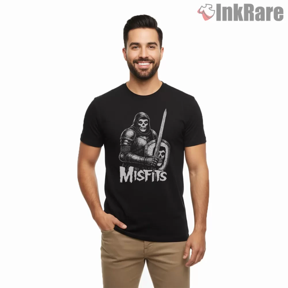 Misfits Knight Warrior Sword Mashup Shirt on black short sleeve shirt for men graphic tee