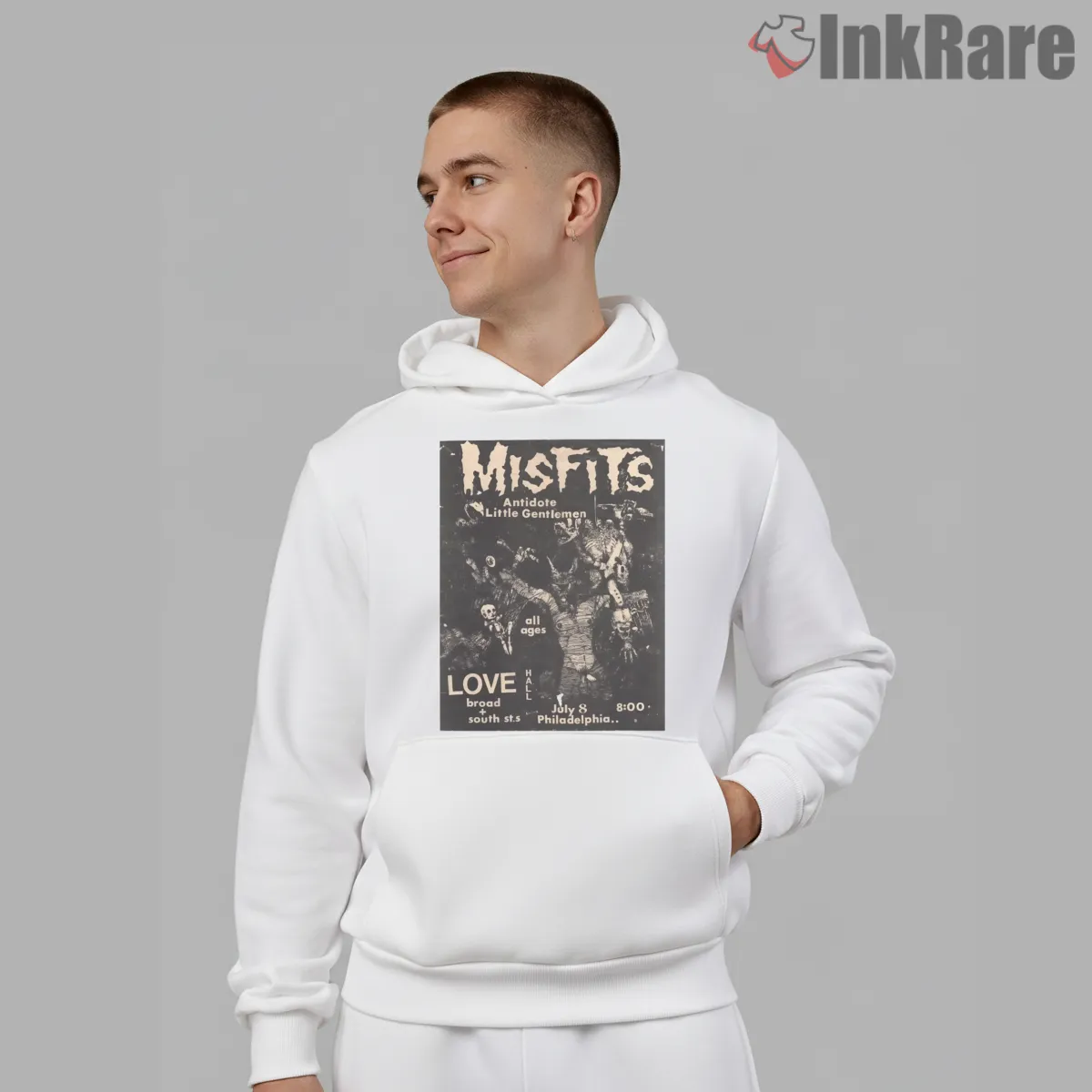 Misfits Love Hall Philadelphia Underground Flyer Shirt on white hoodie for men graphic tee