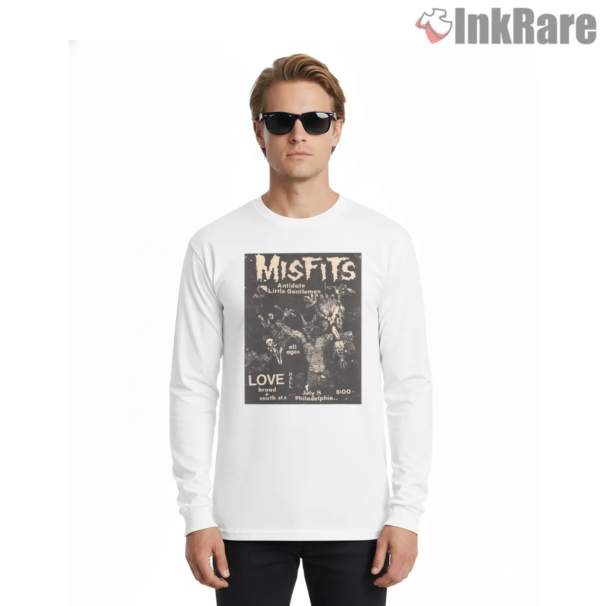 Misfits Love Hall Philadelphia Underground Flyer Long Sleeve White Misfits Love Hall Philadelphia Underground Flyer Shirt on white long sleeve shirt for men graphic tee