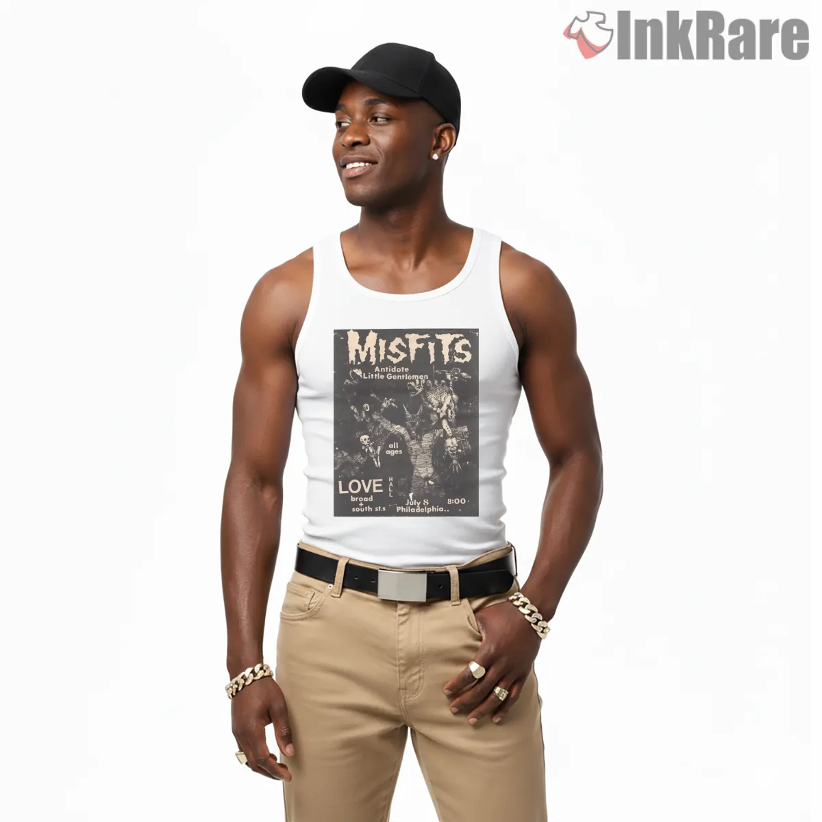Misfits Love Hall Philadelphia Underground Flyer Tank Top White Misfits Love Hall Philadelphia Underground Flyer Shirt on white tank top for men graphic tee