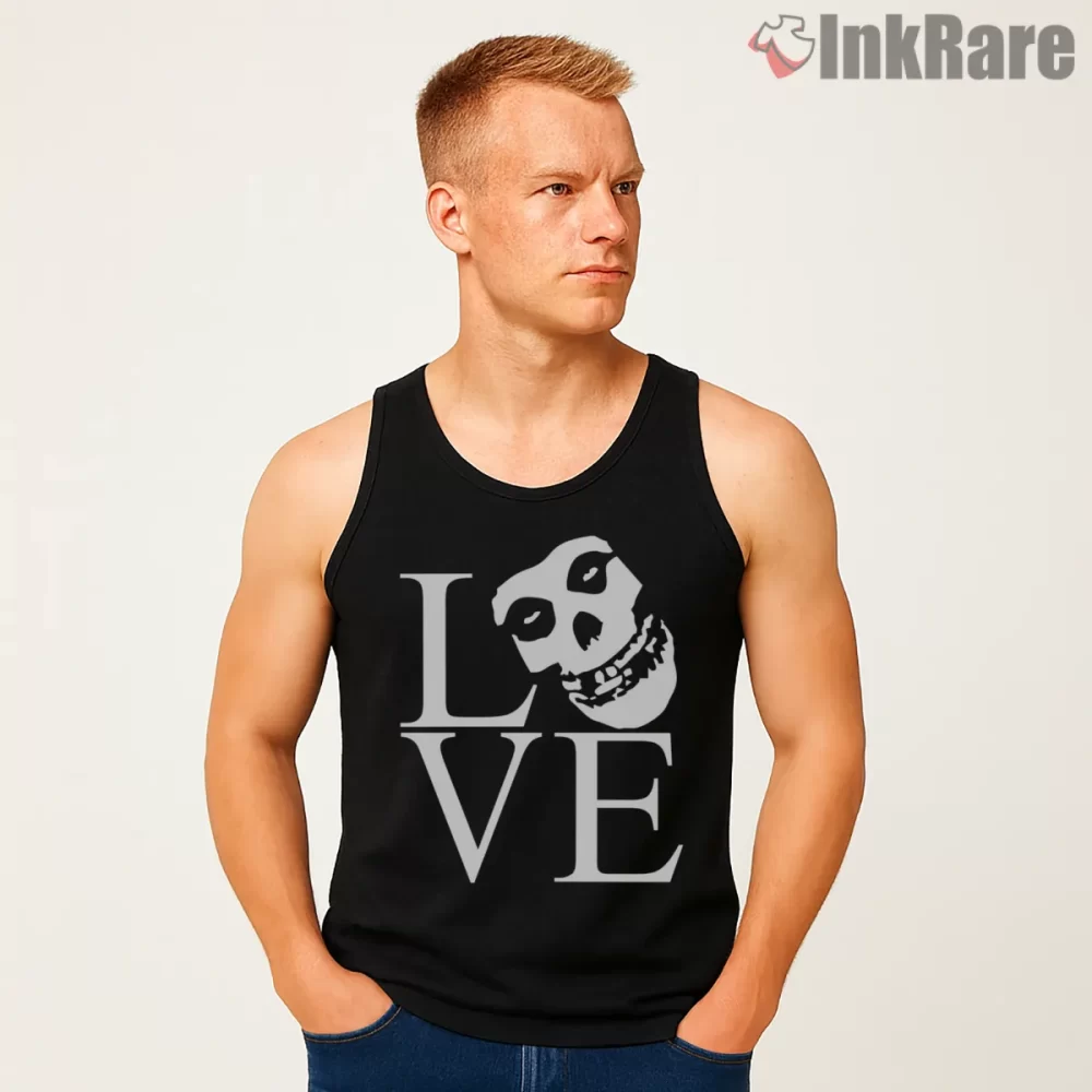 Misfits Love Skull Minimal Typography Shirt on black tank top for men graphic tee