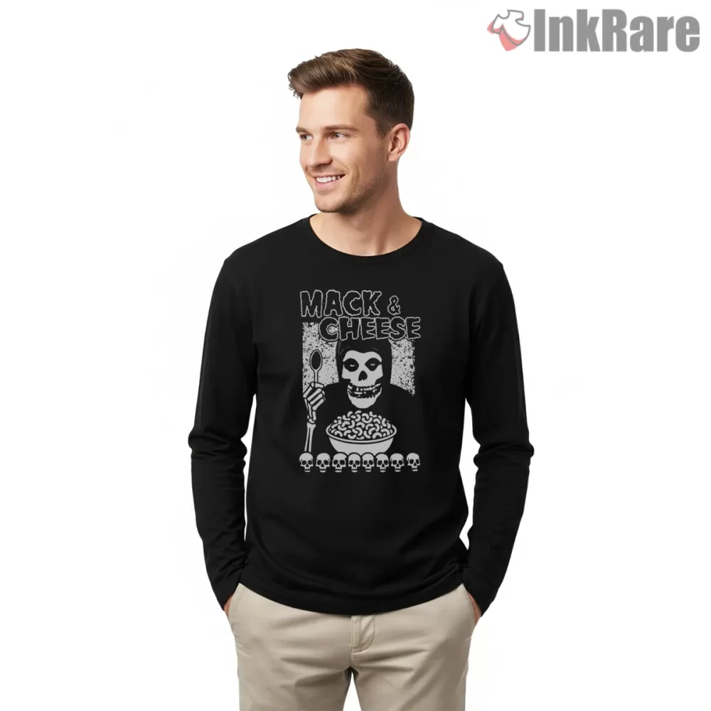 Misfits Mack And Cheese Parody Bowl Spoon Shirt on black long sleeve shirt for men graphic tee