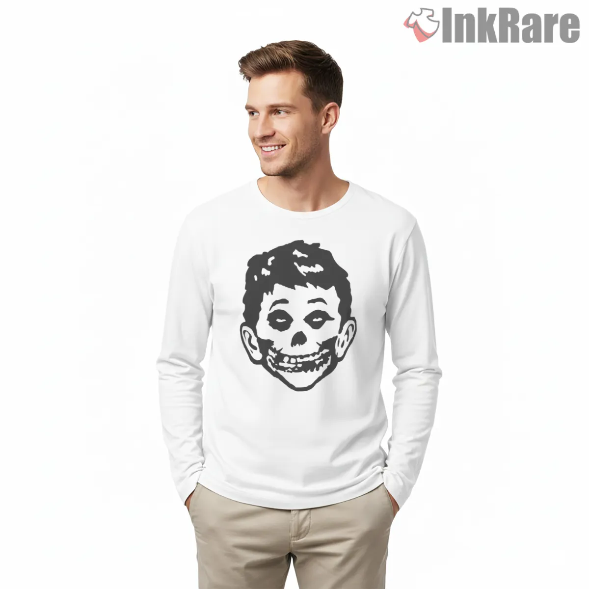 Misfits Mad Skull Kid Face Minimal Shirt on white long sleeve shirt for men graphic tee