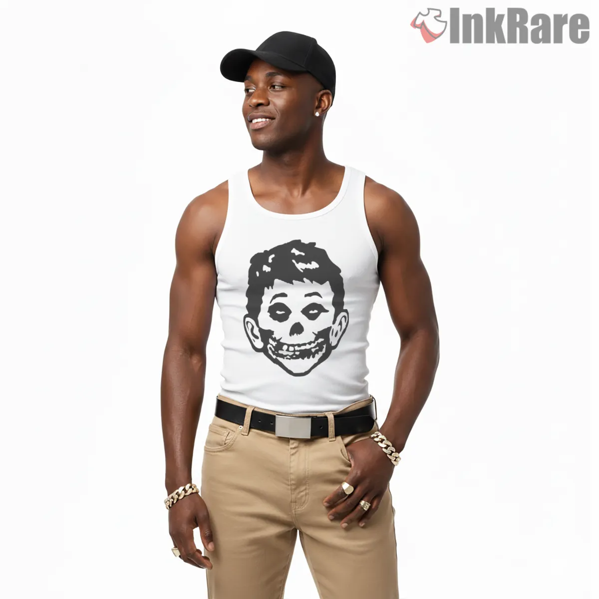 Misfits Mad Skull Kid Face Minimal Tank Top White Misfits Mad Skull Kid Face Minimal Shirt on white tank top for men graphic tee