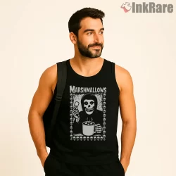 Misfits Marshmallows Cocoa Parody Cozy Mug Shirt on black tank top for men graphic tee