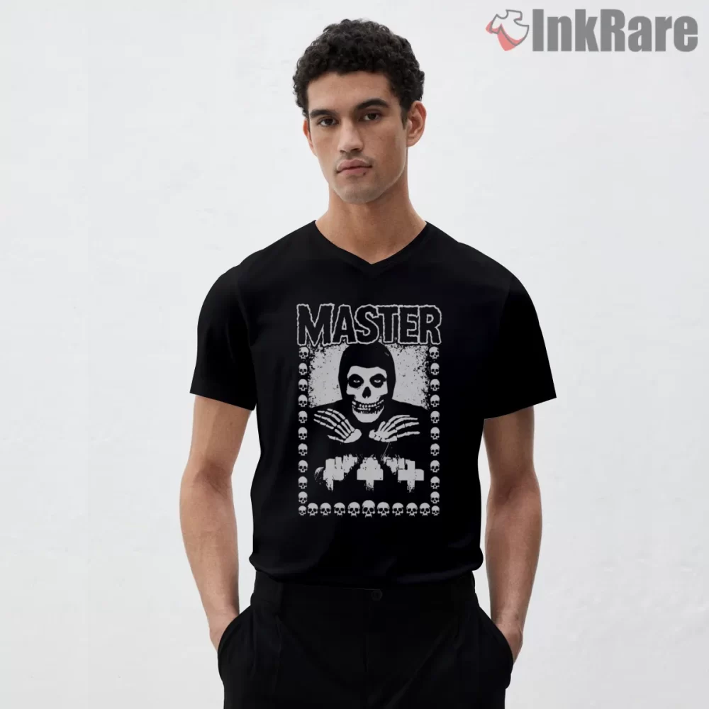Misfits Master Parody Skull Badge Shirt on black v-neck shirt for men graphic tee