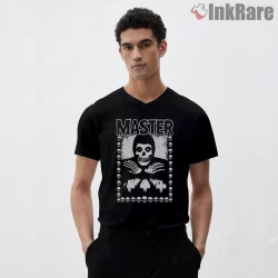 Misfits Master Parody Skull Badge Shirt on black v-neck shirt for men graphic tee