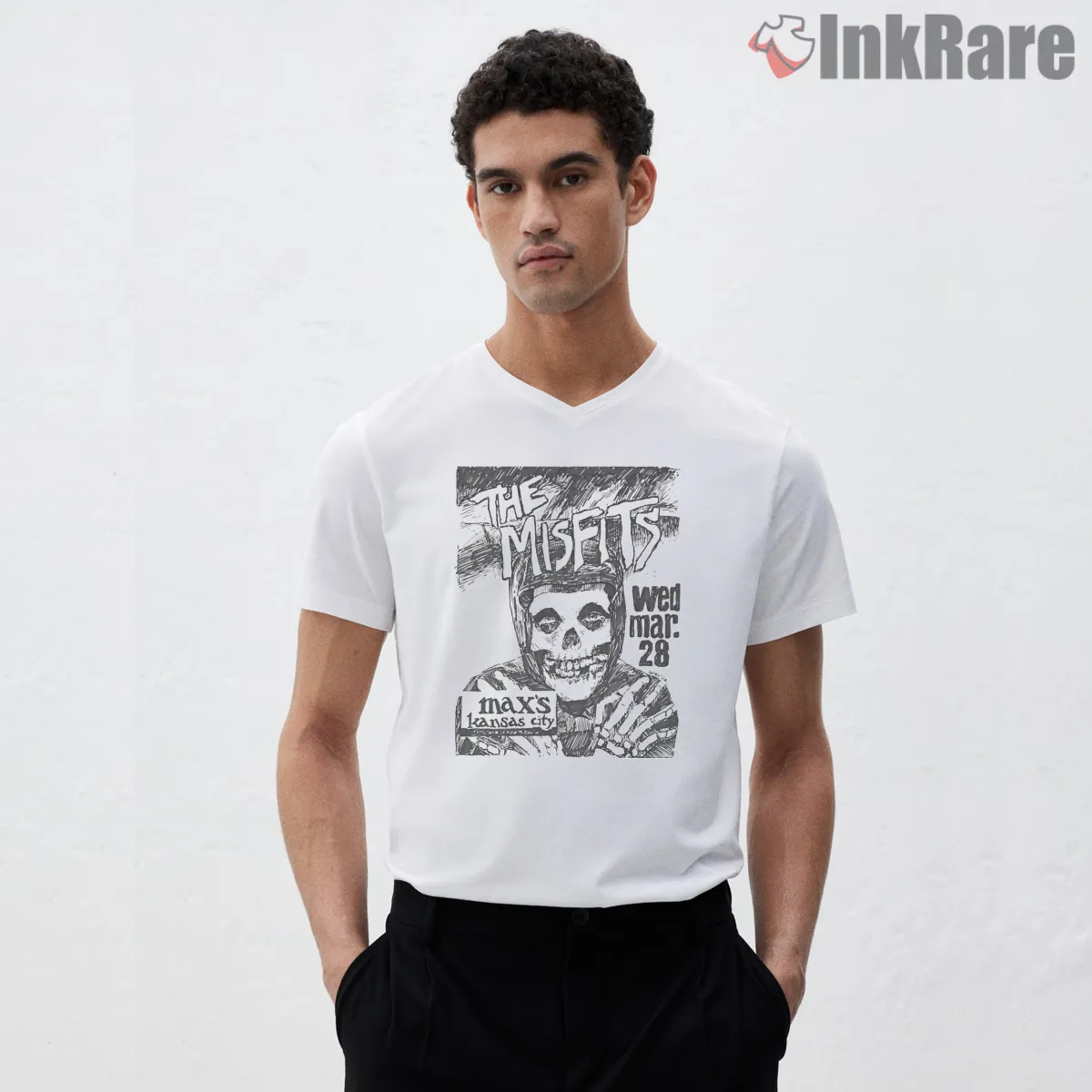 Misfits Maxs Kansas City Sketch Flyer V Neck White Misfits Maxs Kansas City Sketch Flyer Shirt on white v-neck shirt for men graphic tee