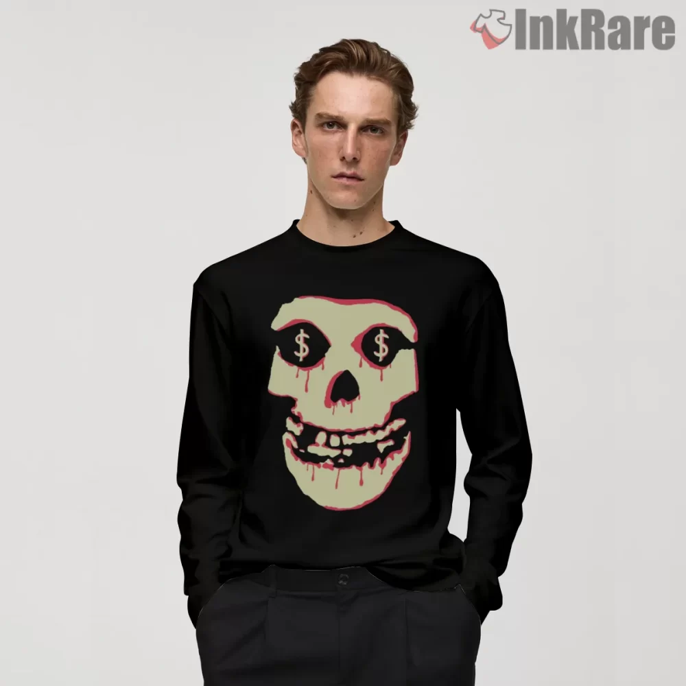 Misfits Money Eyes Skull Drip Horror Shirt on black long sleeve shirt for men graphic tee