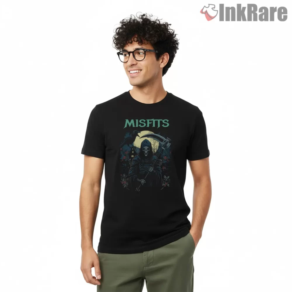 Misfits Moonlit Reaper Forest Scene Shirt on black short sleeve shirt for men graphic tee
