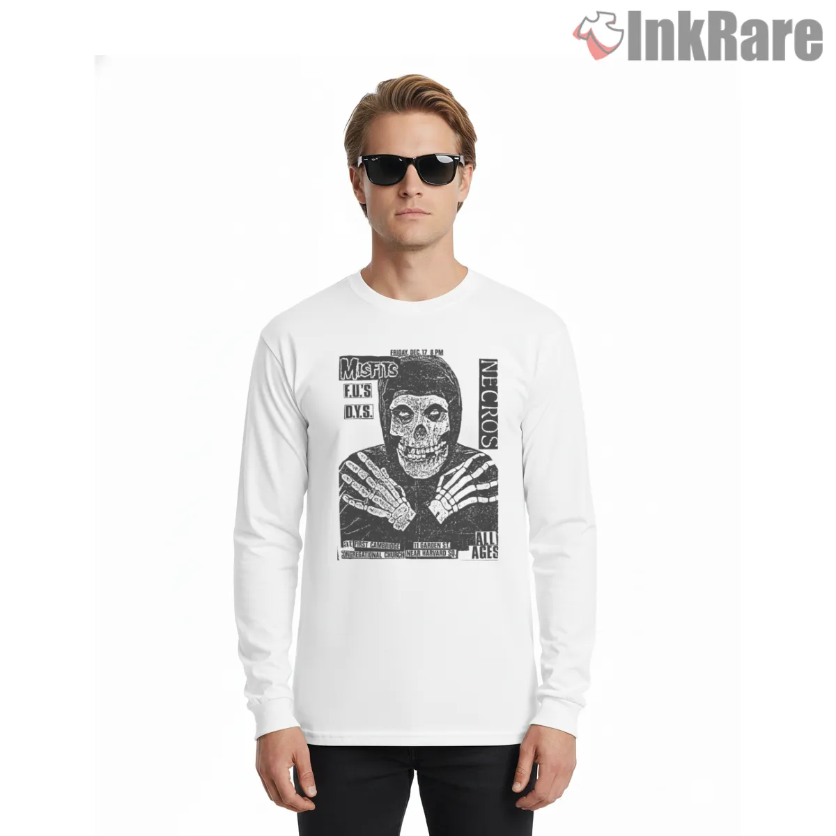 Misfits Necros Punk Flyer Photo Print Shirt on white long sleeve shirt for men graphic tee