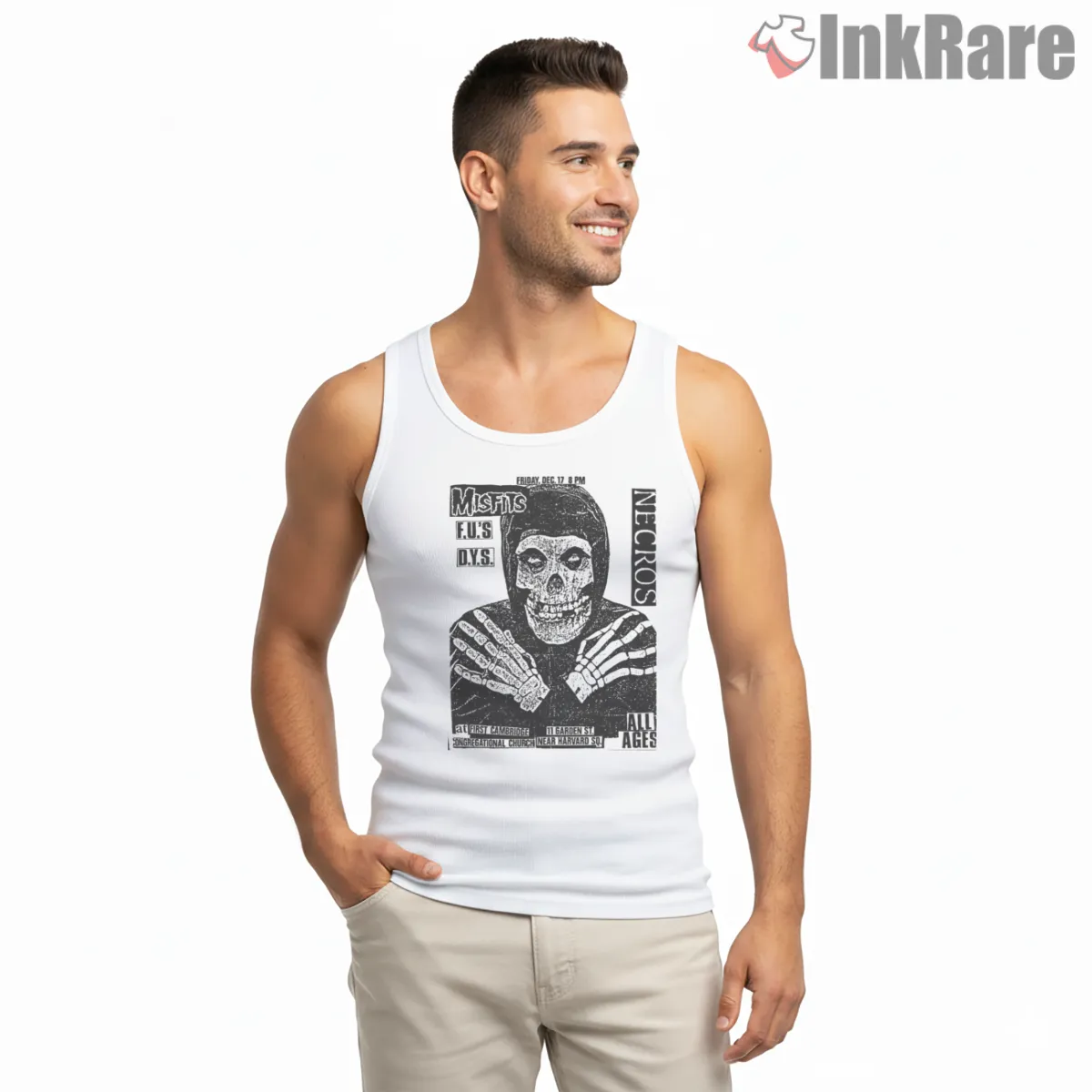 Misfits Necros Punk Flyer Photo Print Tank Top White Misfits Necros Punk Flyer Photo Print Shirt on white tank top for men graphic tee