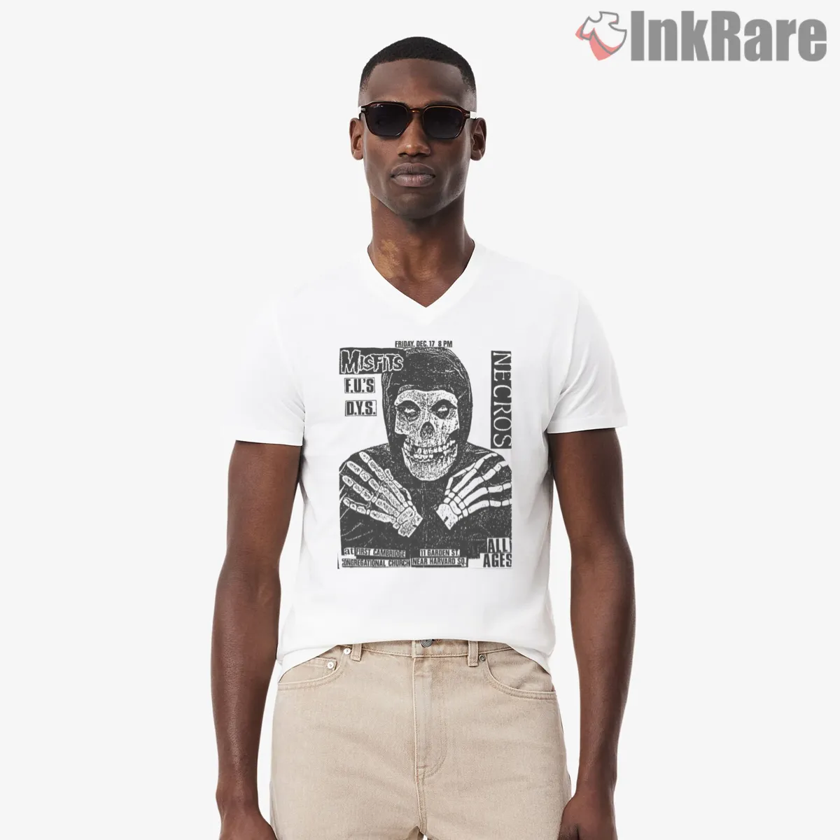 Misfits Necros Punk Flyer Photo Print V Neck White Misfits Necros Punk Flyer Photo Print Shirt on white v-neck shirt for men graphic tee