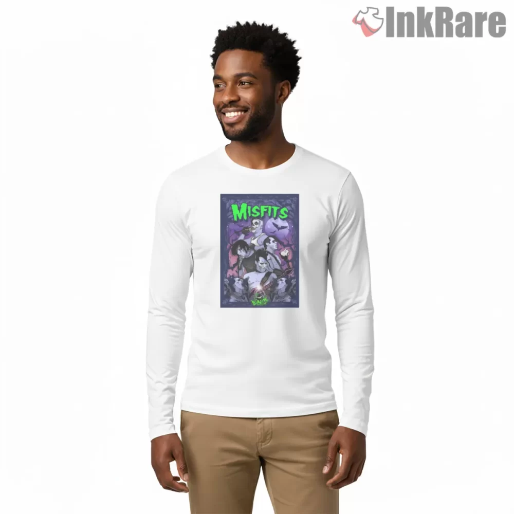 Misfits Neon Green Horror Crowd Poster Shirt on white long sleeve shirt for men graphic tee