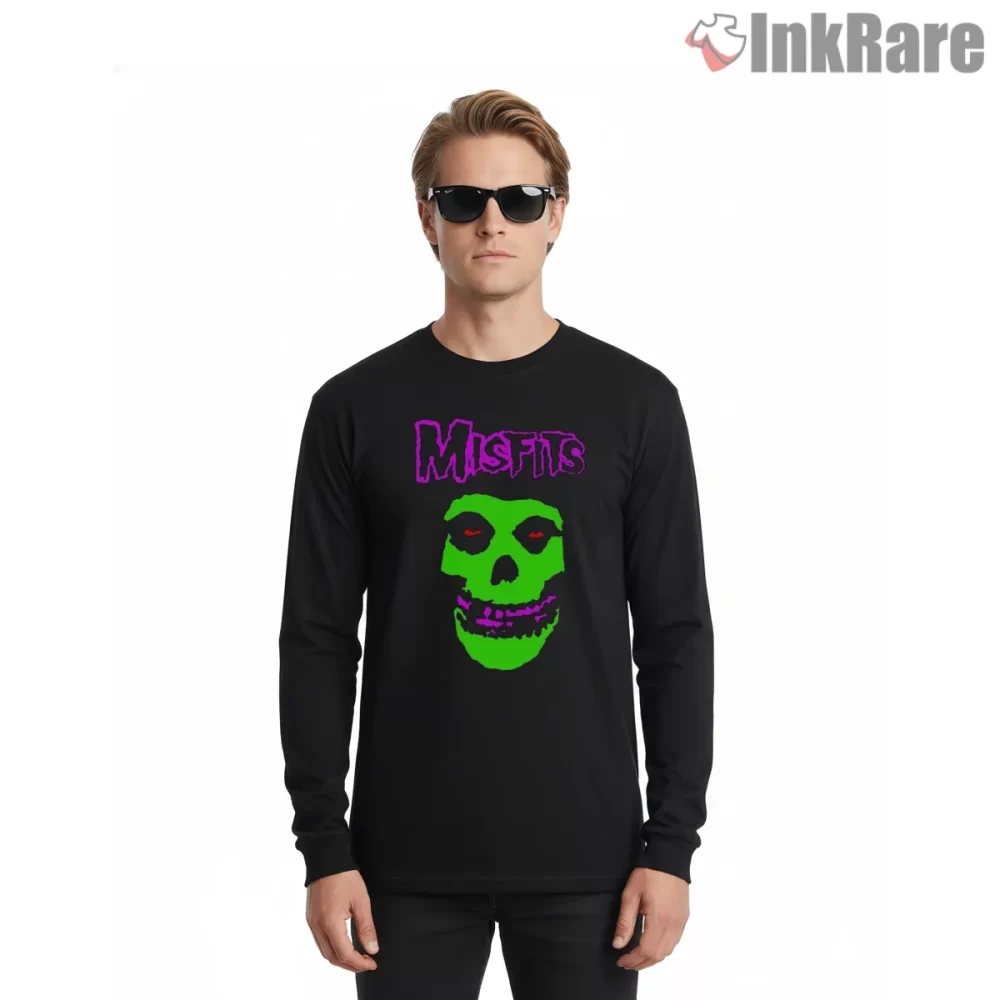 Misfits Neon Green Skull Shirt on black long sleeve shirt for men graphic tee