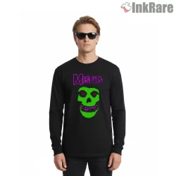 Misfits Neon Green Skull Shirt on black long sleeve shirt for men graphic tee