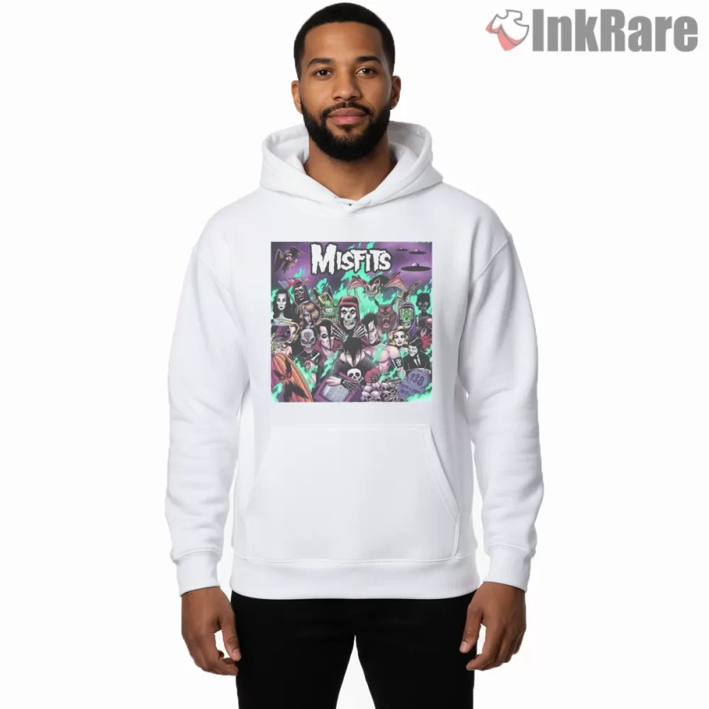 Misfits Neon Horror Monster Collage Shirt on white hoodie for men graphic tee