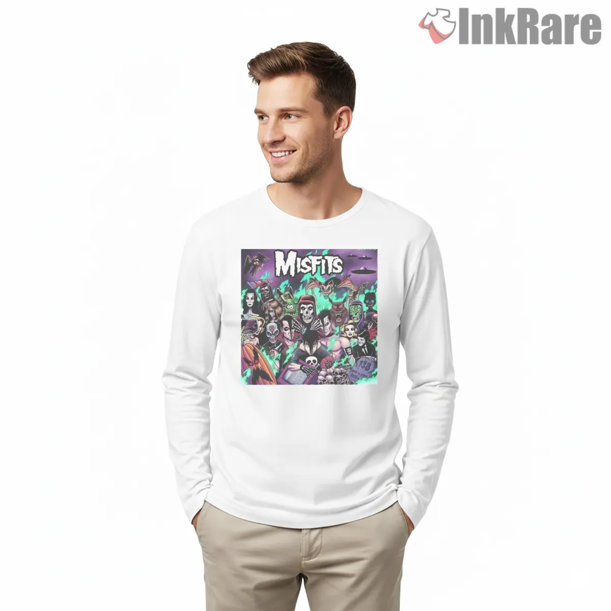 Misfits Neon Horror Monster Collage Shirt on white long sleeve shirt for men graphic tee
