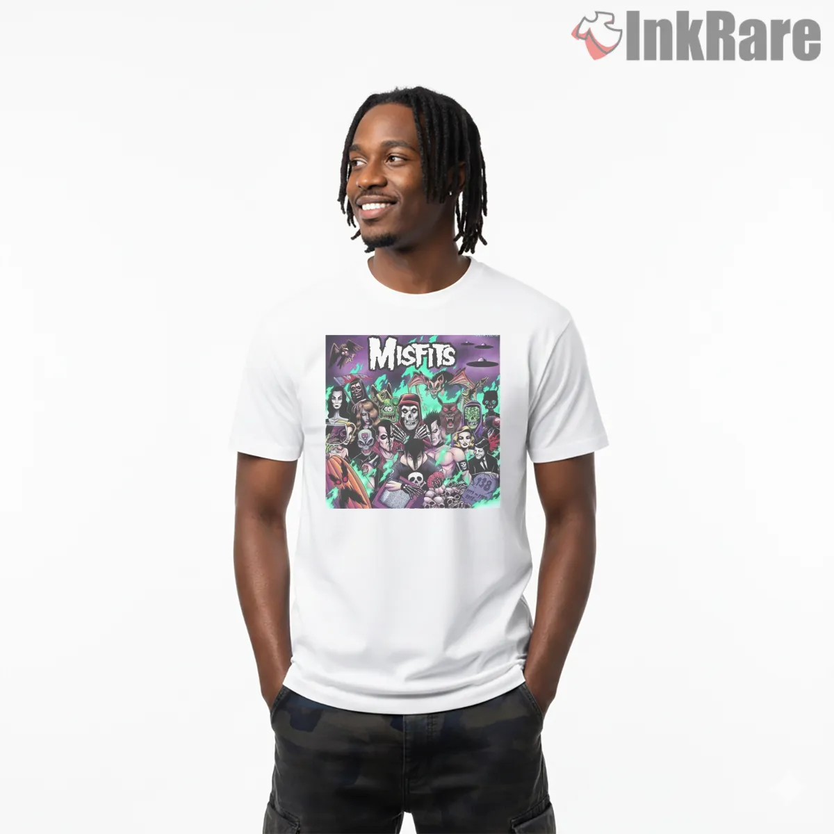 Misfits Neon Horror Monster Collage Short Sleeve White Misfits Neon Horror Monster Collage Shirt on white short sleeve shirt for men graphic tee