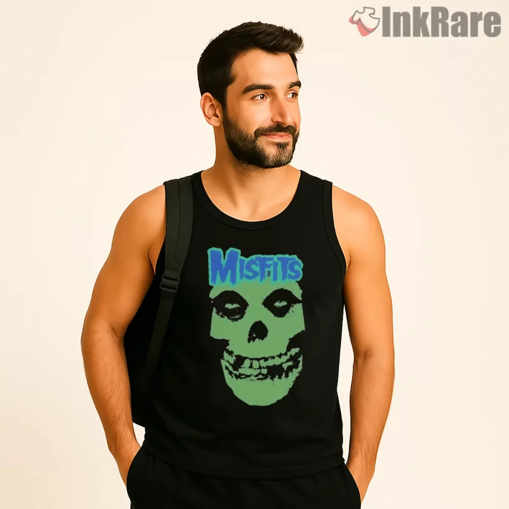 Misfits Neon Mint Skull Glow Graphic Shirt on black tank top for men graphic tee