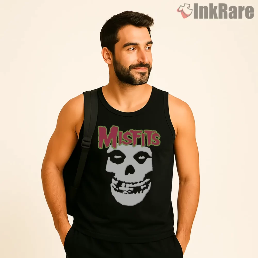 Misfits Neon Pink Green Skull Logo Shirt on black tank top for men graphic tee