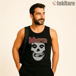 Misfits Neon Pink Green Skull Logo Shirt on black tank top for men graphic tee
