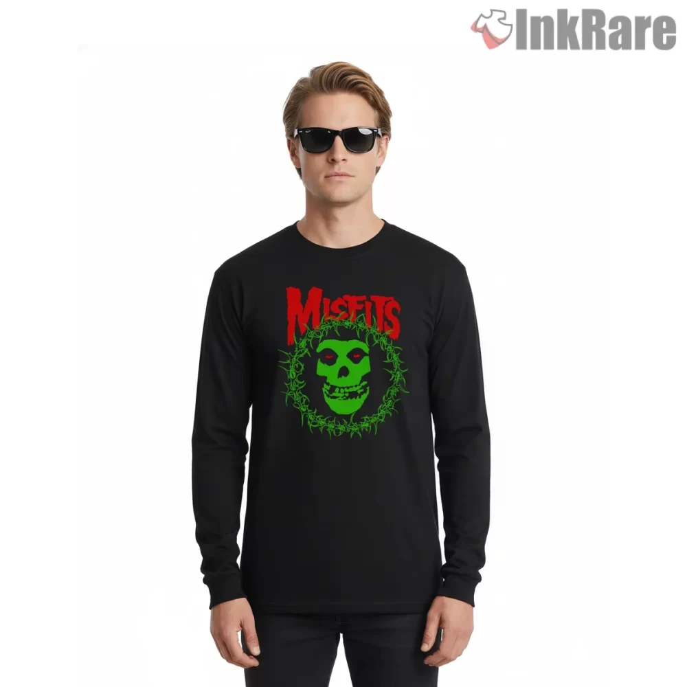 Misfits Neon Thorn Wreath Skull Shirt on black long sleeve shirt for men graphic tee