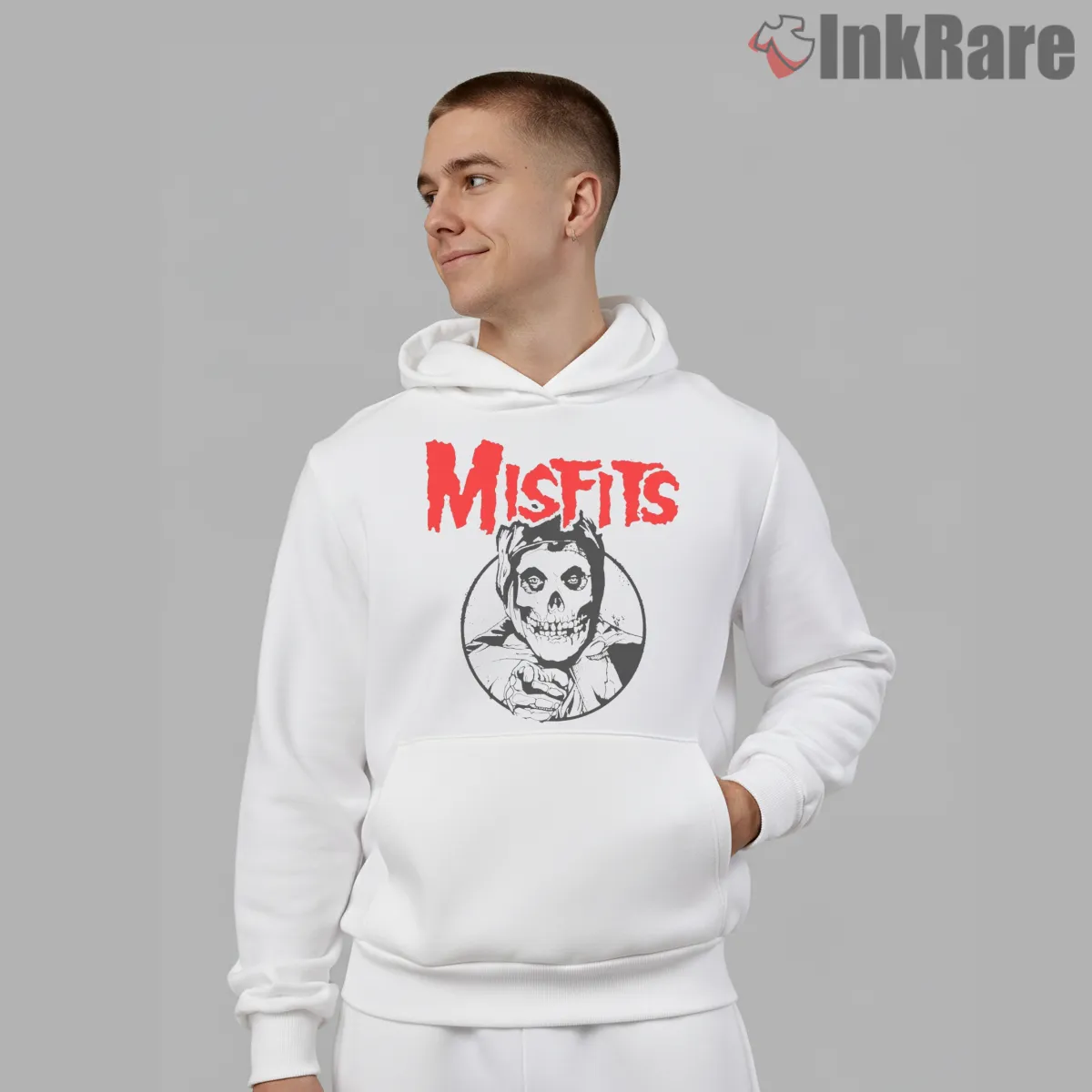 Misfits Pointing Fiend Circle Illustration Shirt on white hoodie for men graphic tee