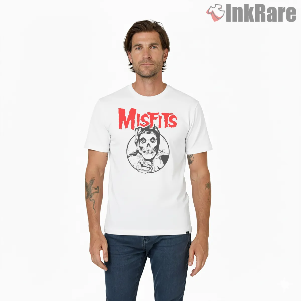 Misfits Pointing Fiend Circle Illustration Short Sleeve White Misfits Pointing Fiend Circle Illustration Shirt on white short sleeve shirt for men graphic tee