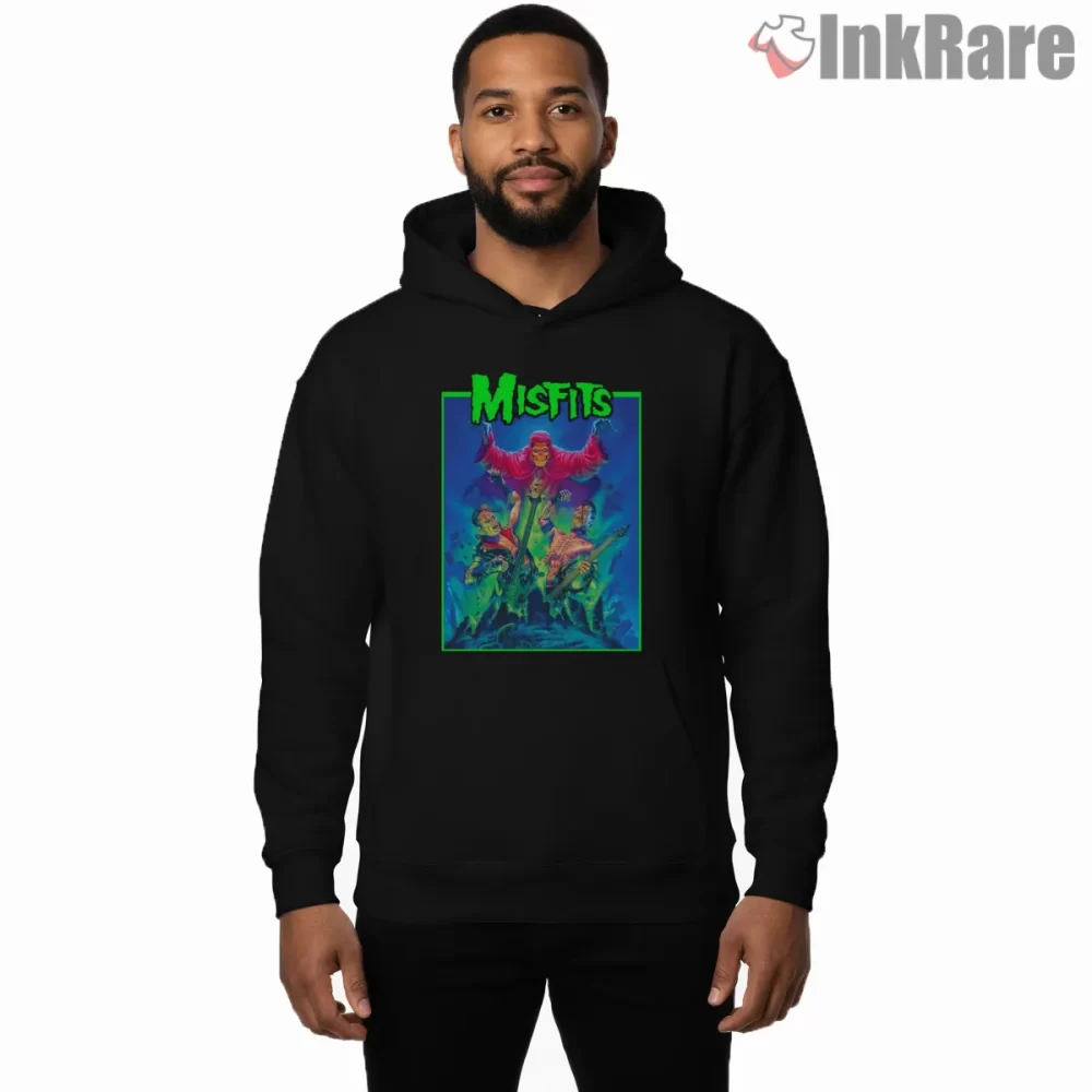 Misfits Psychedelic Neon Horror Poster Shirt on black hoodie for men graphic tee