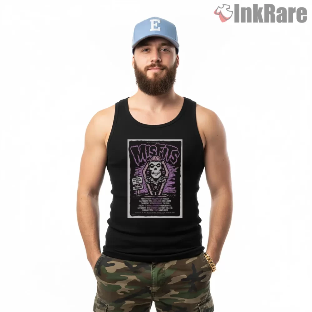 Misfits Purple Gig Poster Style Shirt on black tank top for men graphic tee
