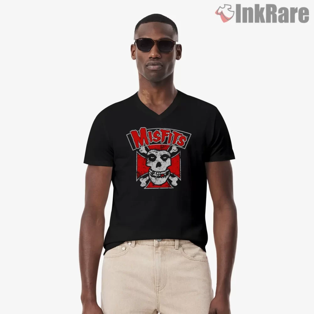 Misfits Red Crest Skull Crossbones Patch Shirt on black v-neck shirt for men graphic tee