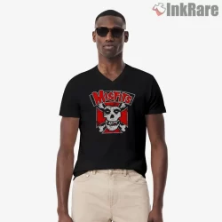Misfits Red Crest Skull Crossbones Patch Shirt on black v-neck shirt for men graphic tee