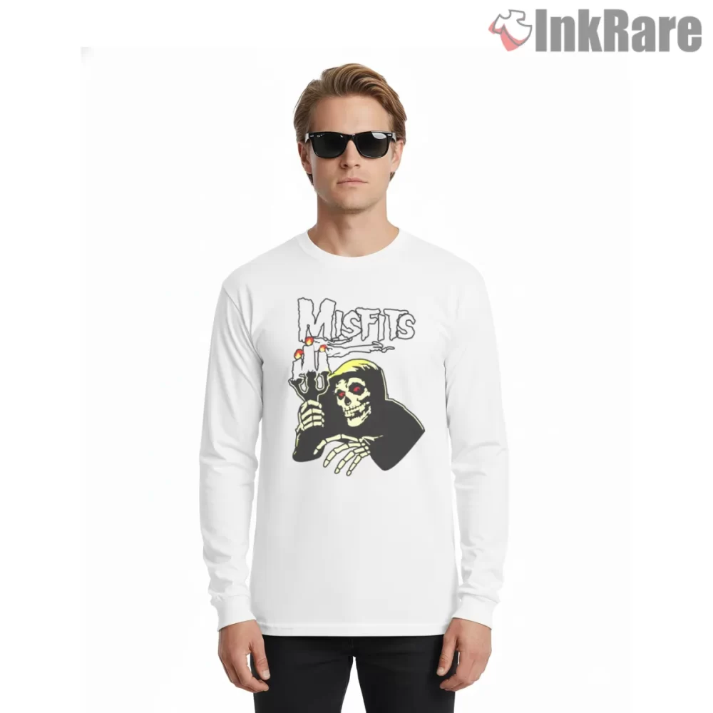Misfits Red Eyed Candle Skeleton Logo Shirt on white long sleeve shirt for men graphic tee
