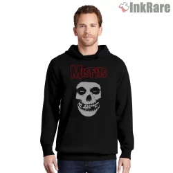 Misfits Red Logo White Skull Stare Shirt on black hoodie for men graphic tee