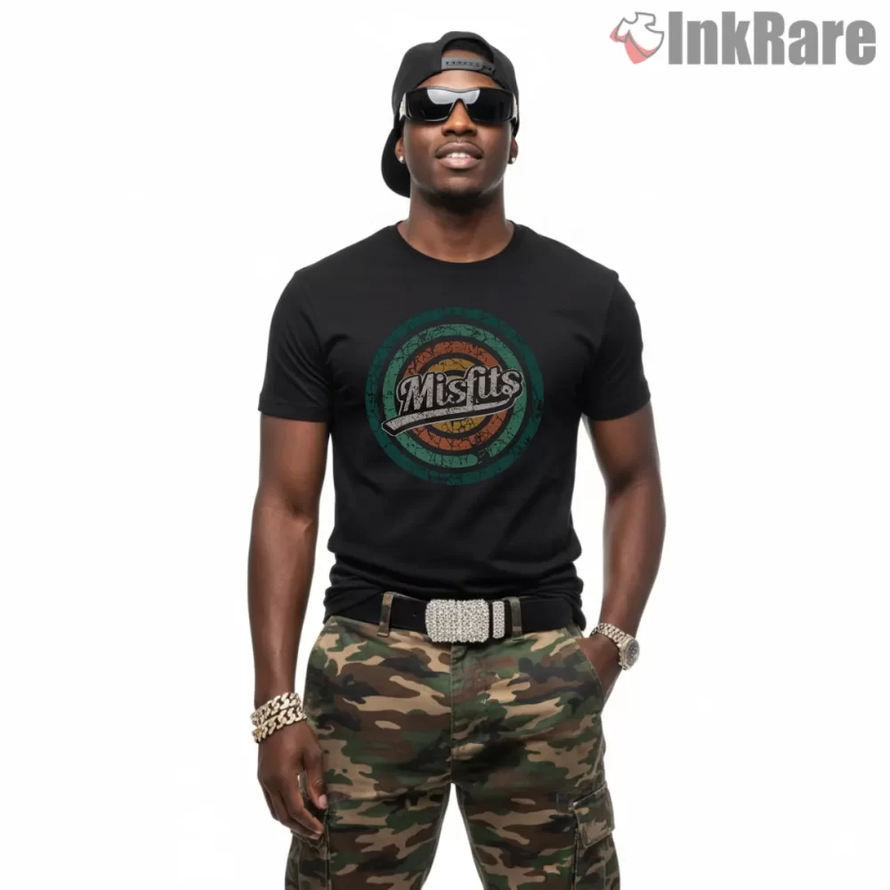 Misfits Retro Circle Crackle Logo Shirt on black short sleeve shirt for men graphic tee