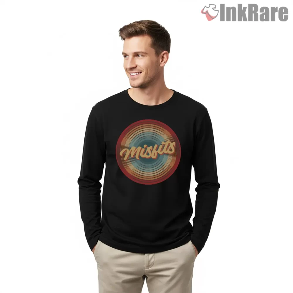 Misfits Retro Circle Wordmark Shirt on black long sleeve shirt for men graphic tee