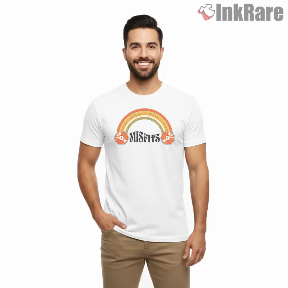 Misfits Retro Rainbow Vinyl Arc Shirt on white short sleeve shirt for men graphic tee