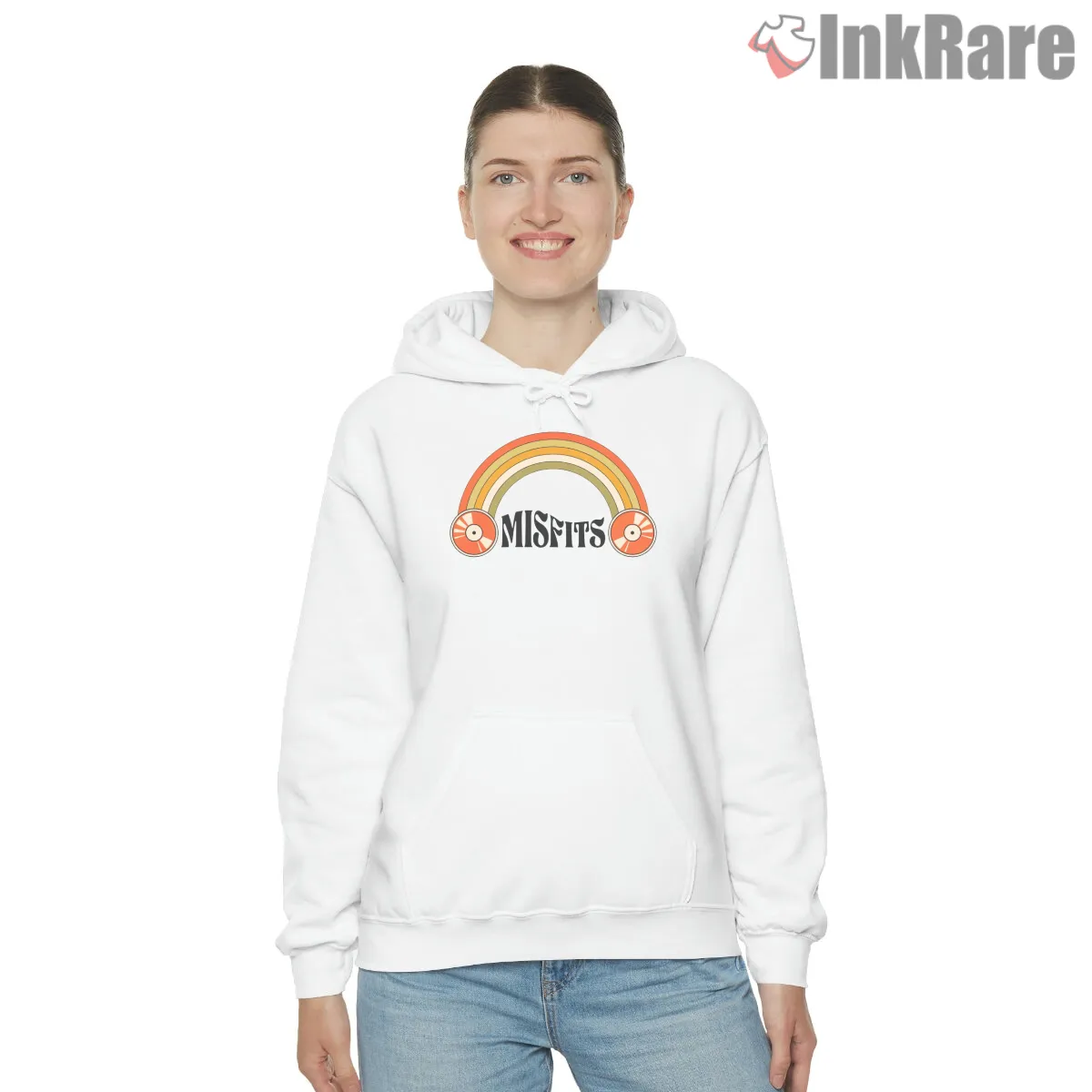 Misfits Retro Rainbow Vinyl Arc Hoodie White Misfits Retro Rainbow Vinyl Arc Shirt on white hoodie for women graphic tee