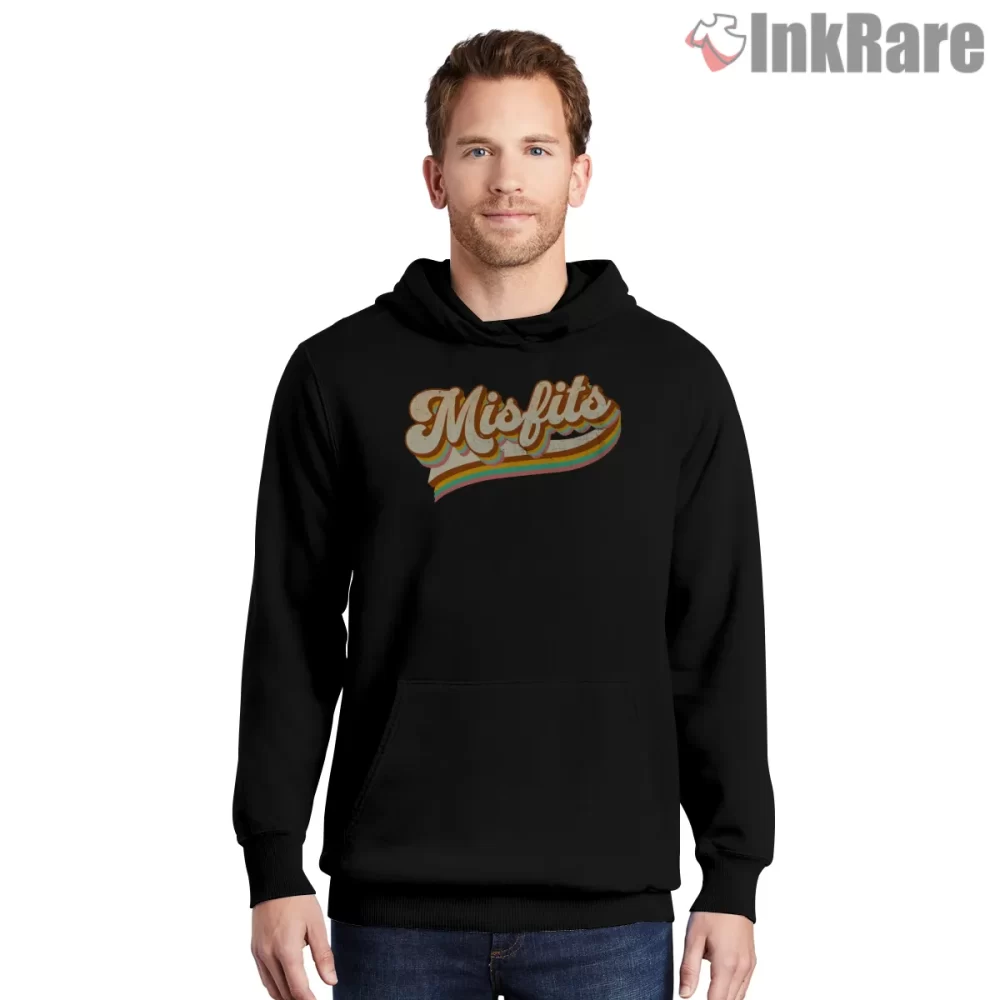 Misfits Retro Script Stripe Wordmark Shirt on black hoodie for men graphic tee