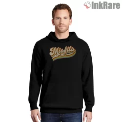 Misfits Retro Script Stripe Wordmark Shirt on black hoodie for men graphic tee