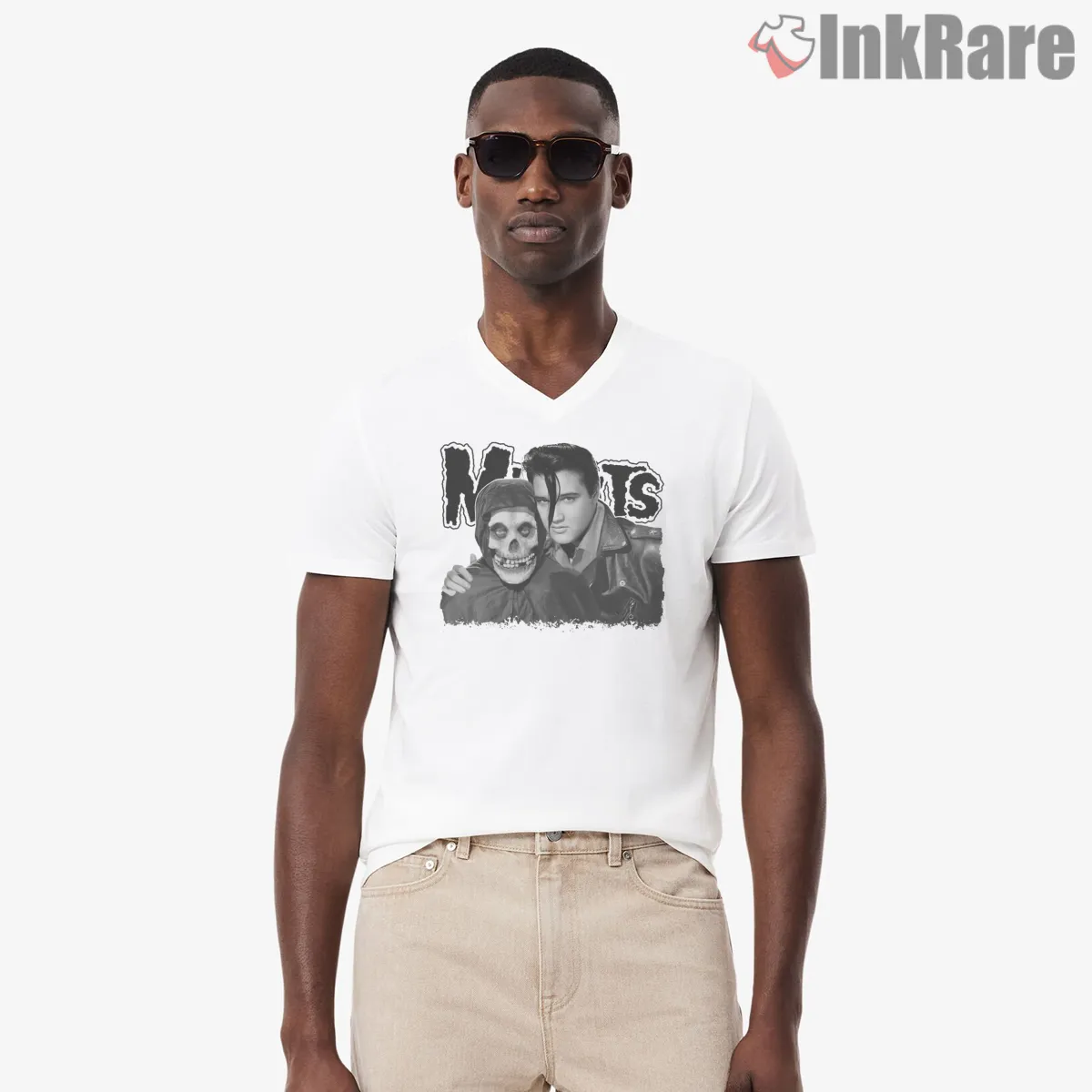 Misfits Rockabilly Icon Photo Mashup V Neck White Misfits Rockabilly Icon Photo Mashup Shirt on white v-neck shirt for men graphic tee