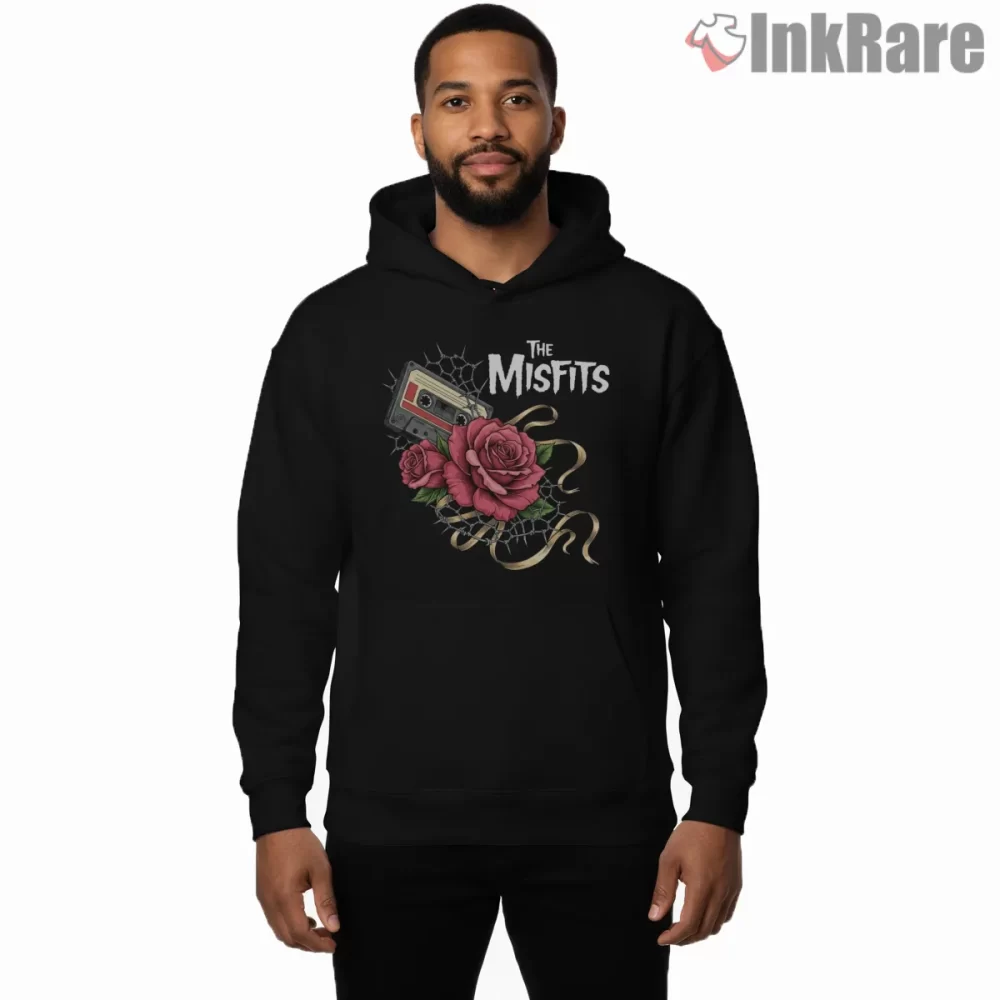 Misfits Roses And Cassette Tape Shirt on black hoodie for men graphic tee