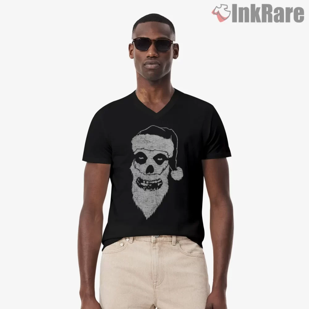 Misfits Santa Hat Skull Beard Vintage Shirt on black v-neck shirt for men graphic tee