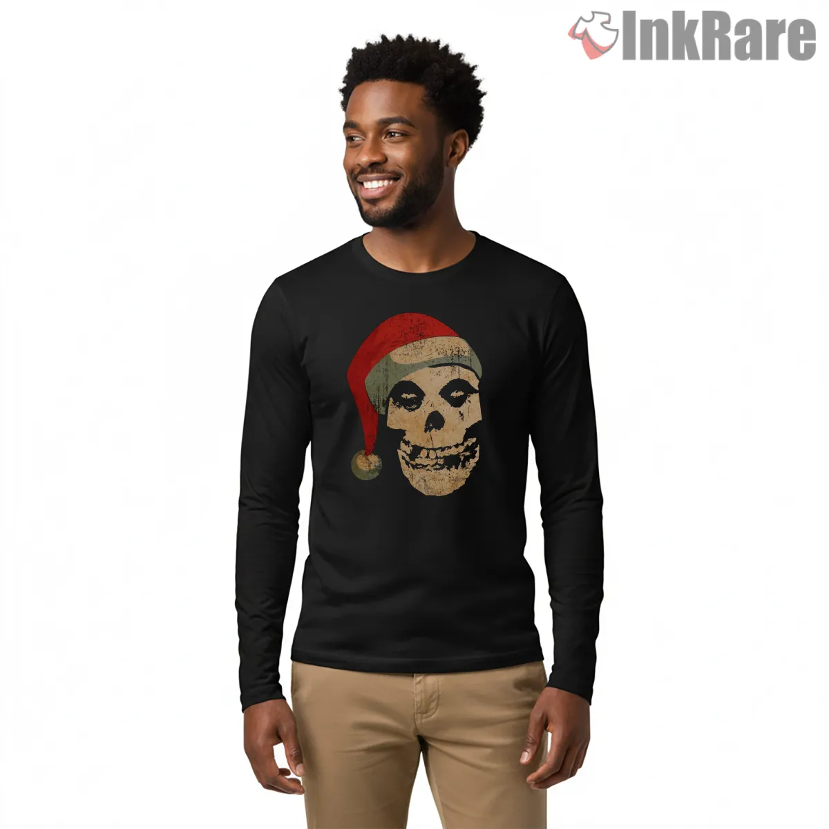 Misfits Santa Hat Skull Christmas Shirt on black long sleeve shirt for men graphic tee