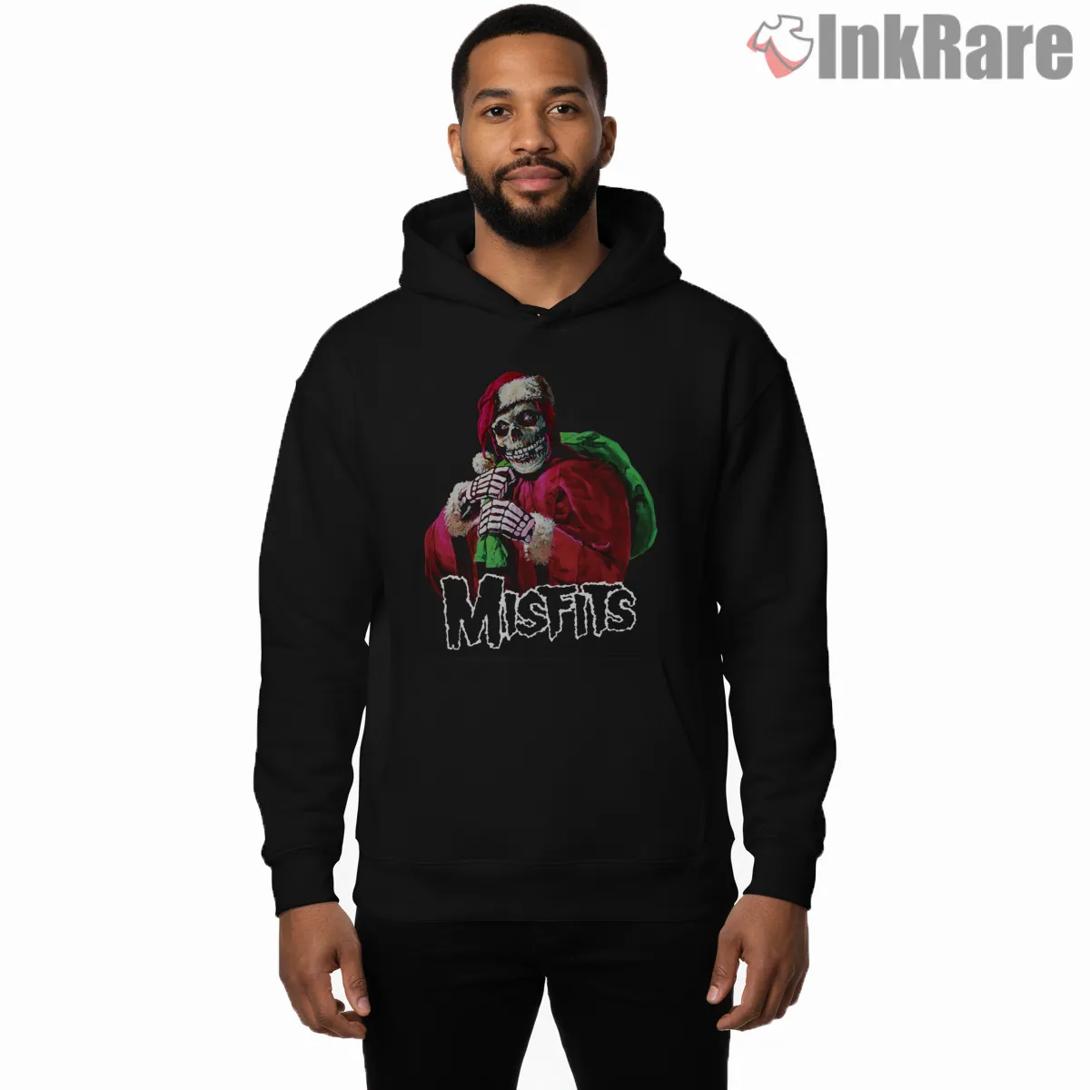 Misfits Santa Skull Holiday Sack Horror Punk Shirt on black hoodie for men graphic tee